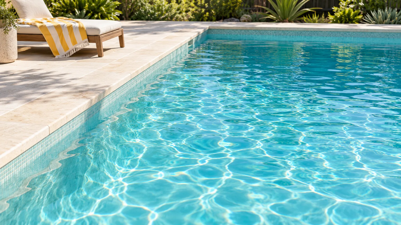 Sunlit turquoise pool beside pale stone paving and a yellow striped towel — illustrative image